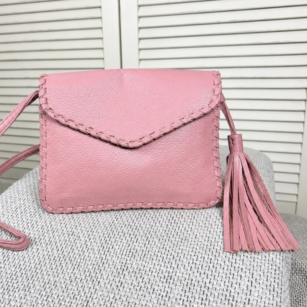 Lionel Boho Pink Whipstitch Tassel Vegan Pebbled Leather‎ Crossbody Bag Purse